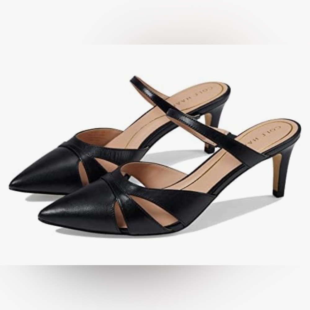 Cole Haan Women's Vandam Kitten Heel Pointed Toe Dress Black Leather Mules